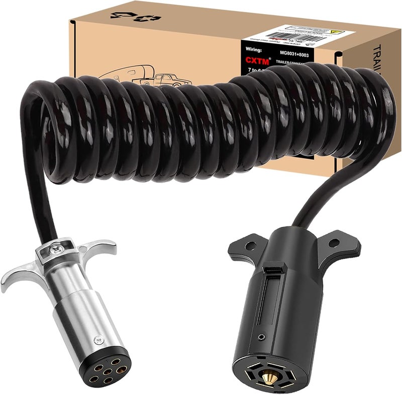 CXTM 7 Pin to 6 Pin Trailer Adapter, Coiled Trailer Cord Stretches to 6 Feet,7-Wire to 6-Wire Coiled Cable RV 7 to 6 Trailer Wiring Extension Cord - Image 1